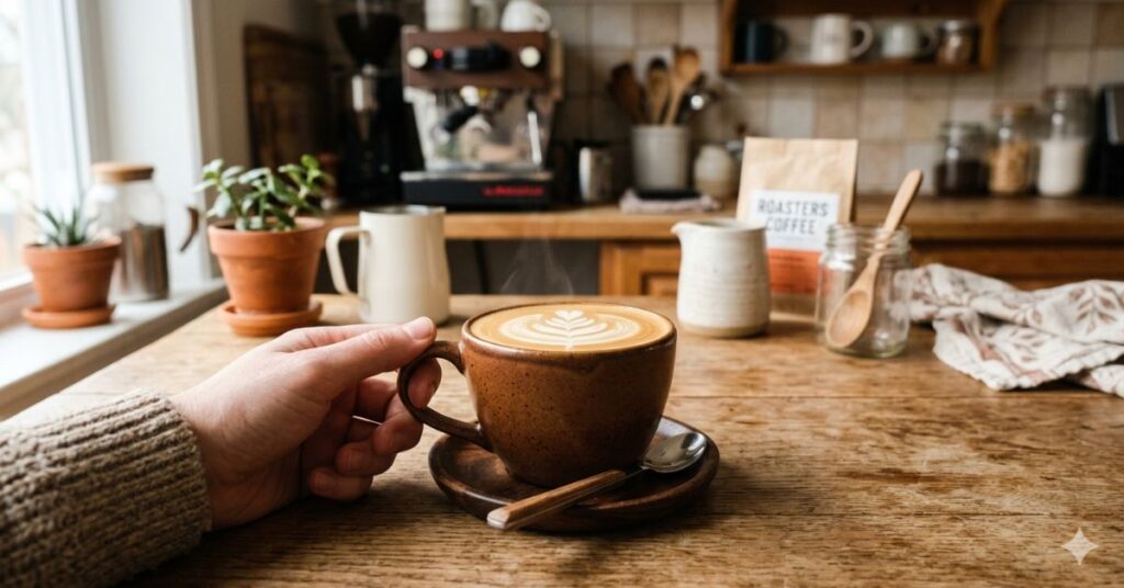 Latte with rosette art in a brown mug.