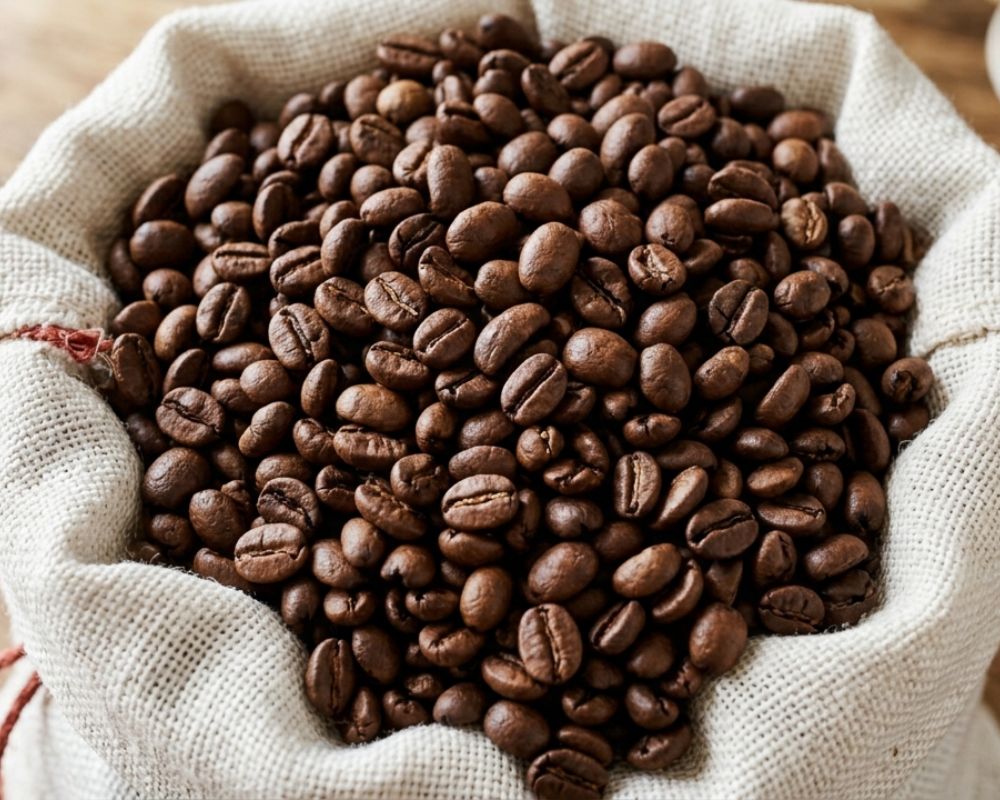A bag of arabica beans in a cloth sack