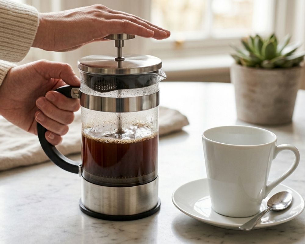 French press used to extract fresh coffee