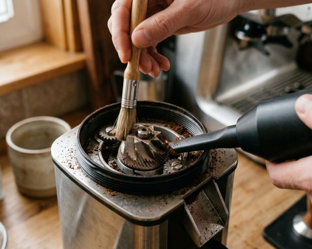 Close-up of a coffee grinder being cleaned using the brush and vacuum method.