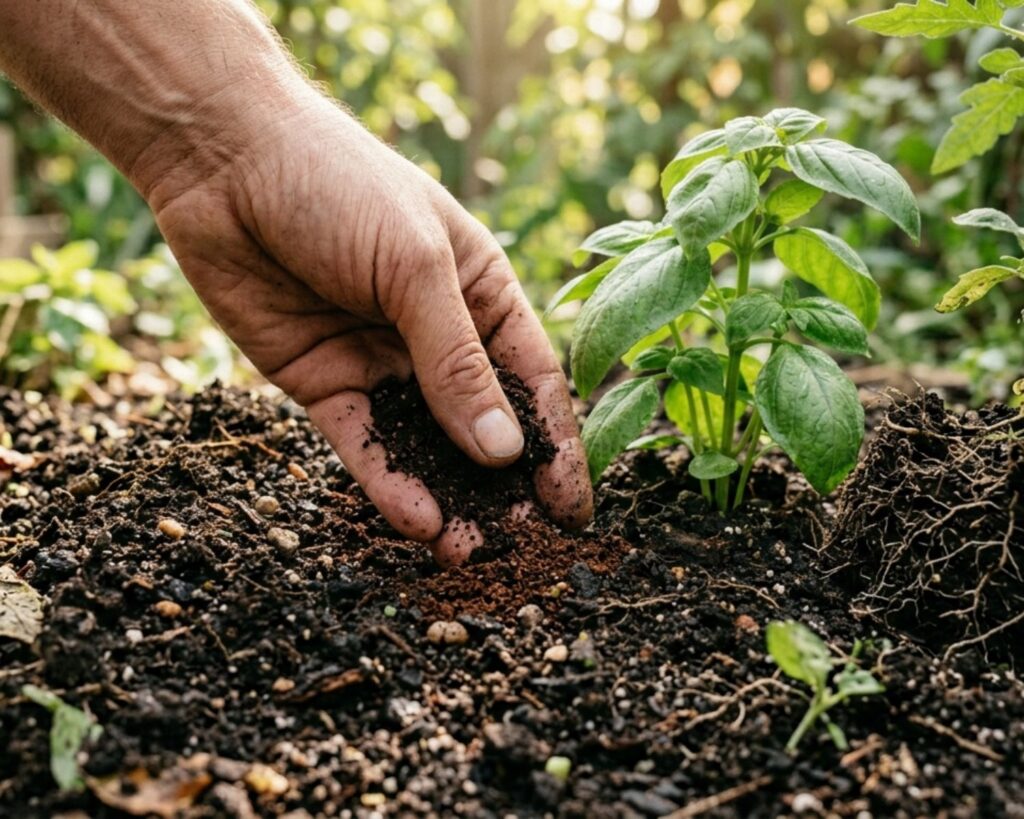 A gardener’s hand mixing used coffee grounds into dark soil in a garden bed, visible plant roots and organic texture, natural sunlight, realistic detail, eco-friendly gardening, high resolution