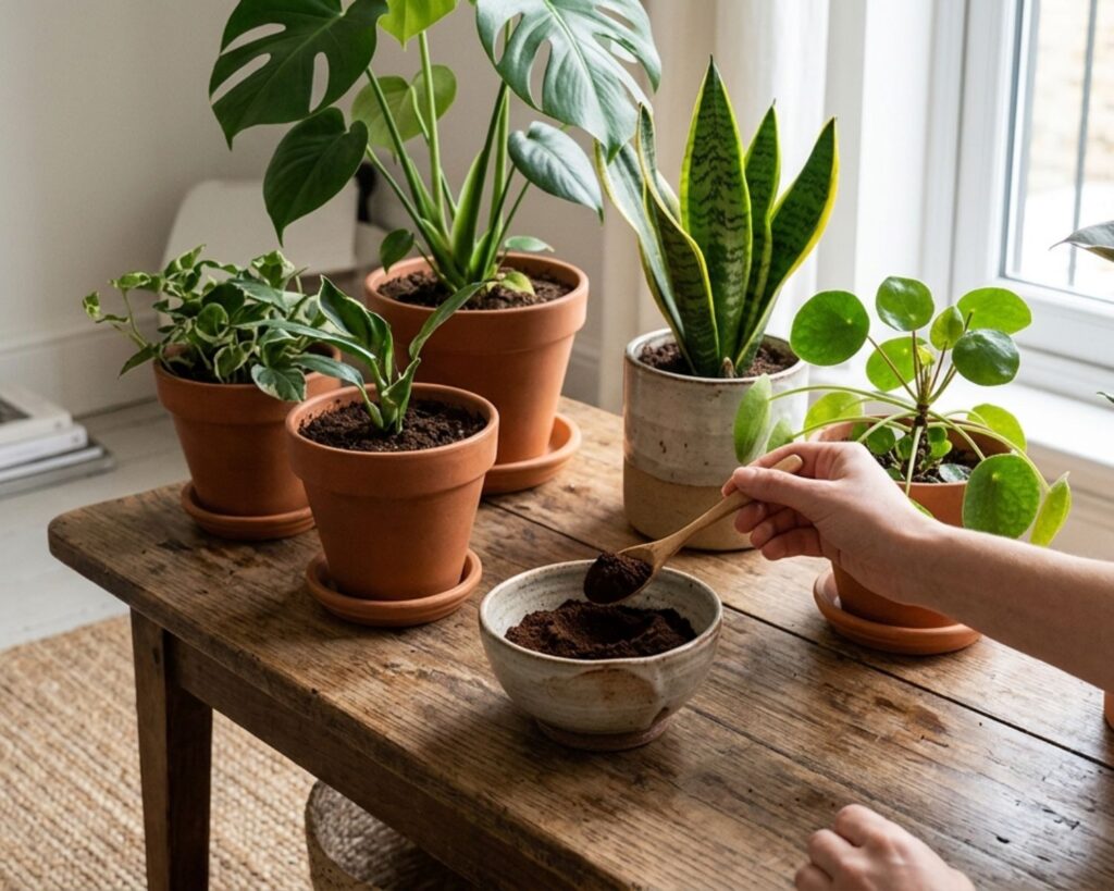 A cozy indoor scene with houseplants on a wooden table, a small bowl of used coffee grounds beside