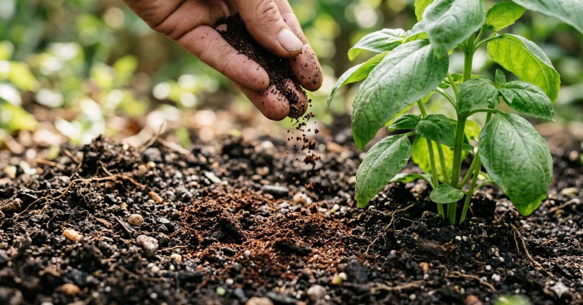 A close-up of fresh coffee grounds being sprinkled onto rich garden soil around a healthy green plant