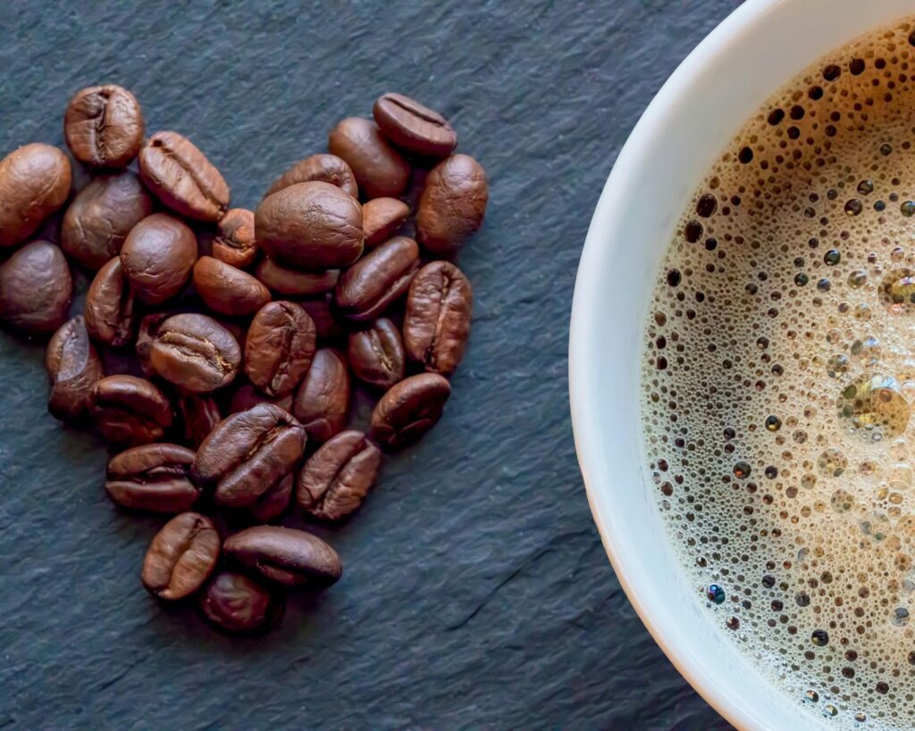 Heart Shaped Coffee Beans and Fresh Brew