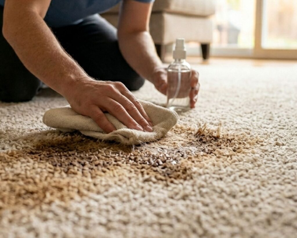 A person cleaning a coffee stain on a carpet using a cloth and mild cleaning solution