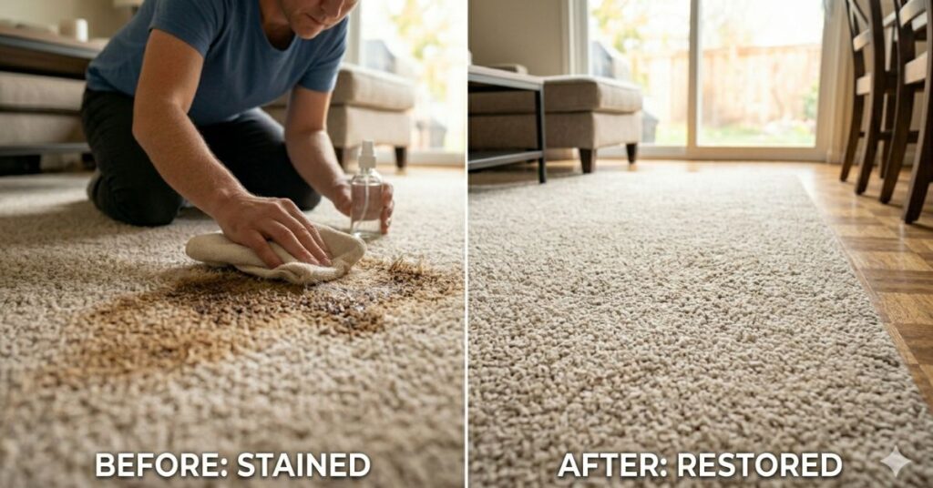 Split image showing a coffee-stained carpet on the left and a clean restored carpet on the right