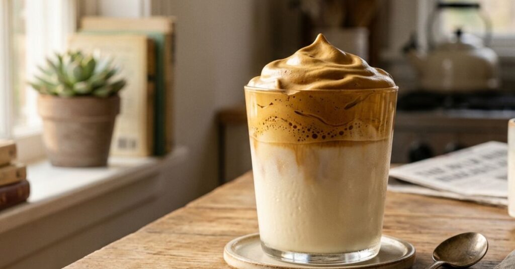 A glass of whipped coffee (Dalgona coffee) with thick frothy coffee foam layered over cold milk