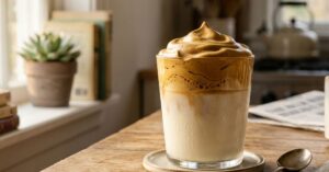 A glass of whipped coffee (Dalgona coffee) with thick frothy coffee foam layered over cold milk