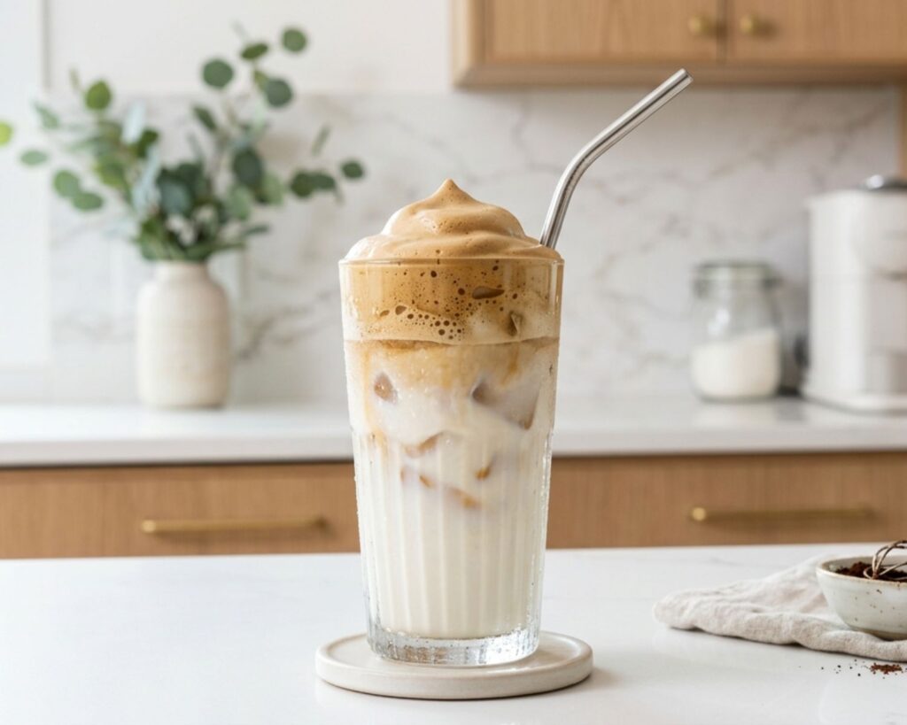 Tall glass of iced whipped coffee layered with milk and ice cubes