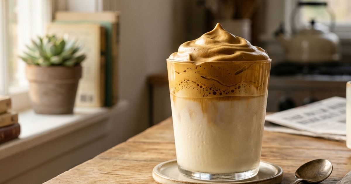 A glass of whipped coffee (Dalgona coffee) with thick frothy coffee foam layered over cold milk