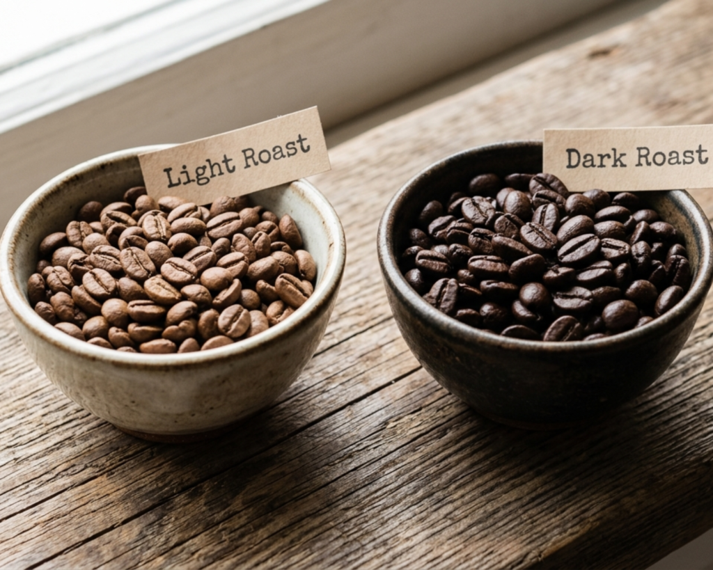 Dark roast and light roast coffee