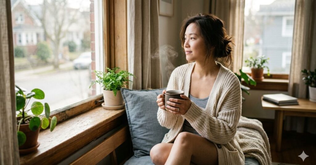 An asian woman sitting by a window with soft natural sunlight, holding a warm cup of black coffee