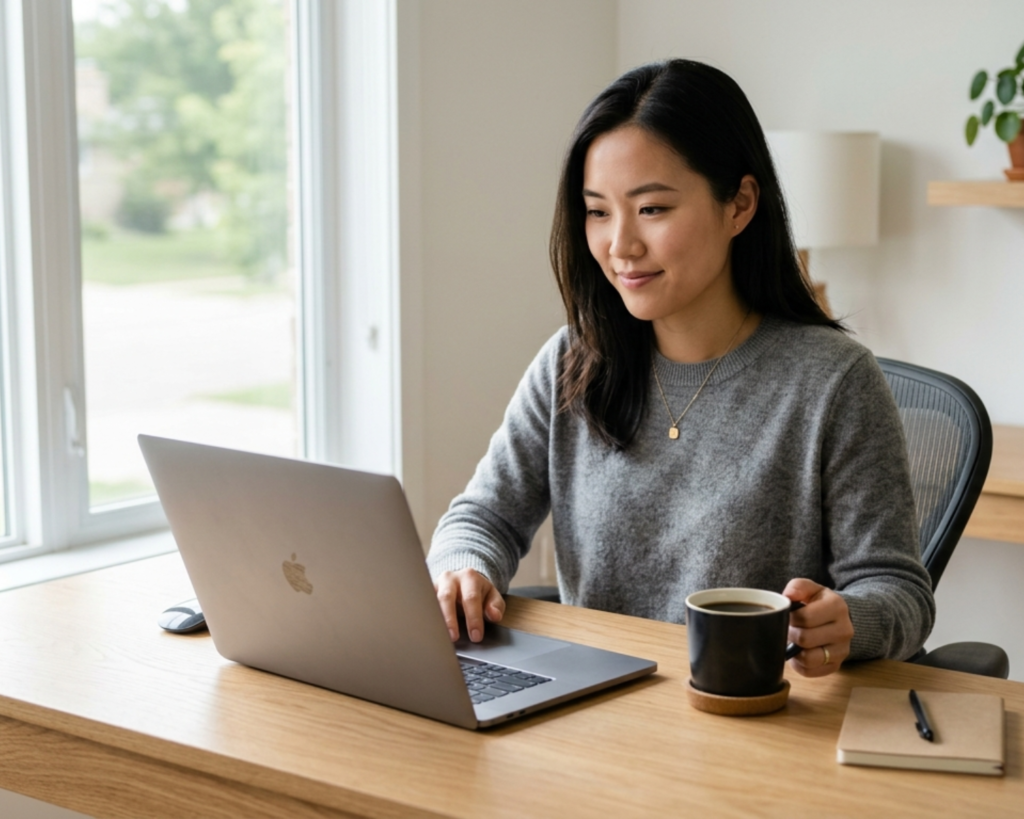 A focused young adult working on a laptop at a clean desk with a cup of black coffee beside them