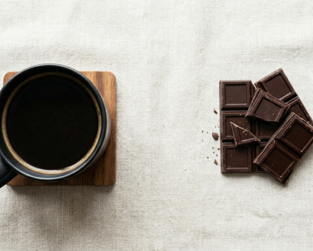 A clean, minimal flat lay of a cup of black coffee on one side and a few pieces of dark chocolate on the other