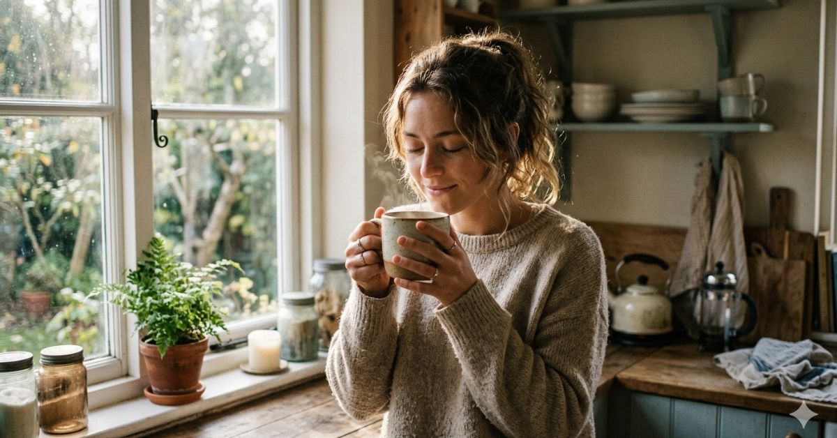 a person holding a warm mug of coffee near their face