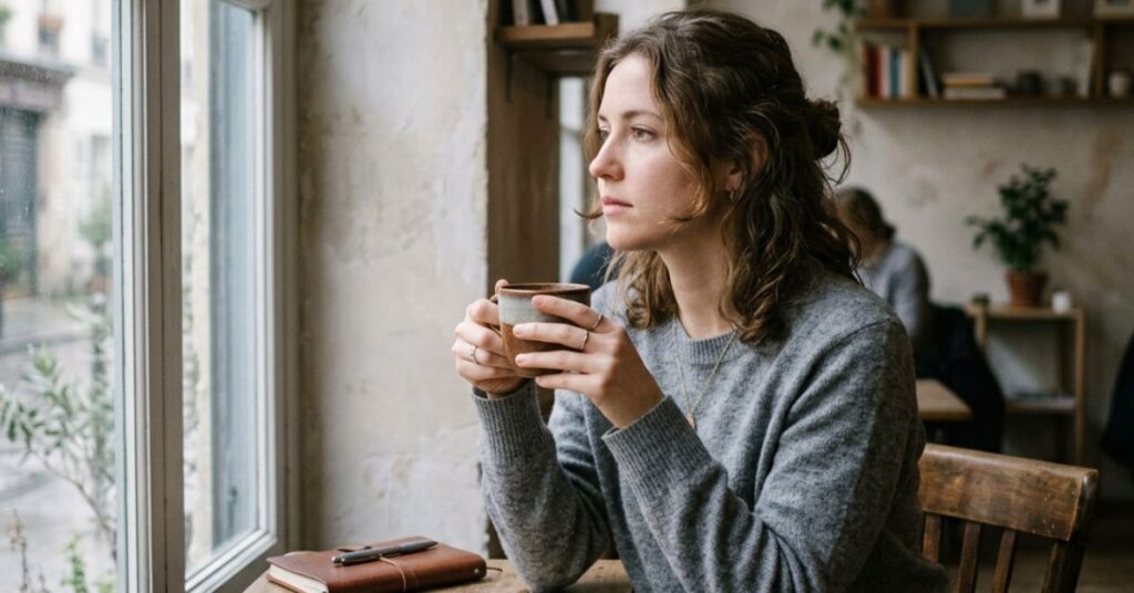 A person sitting alone with a cup of coffee, looking thoughtful, soft window light,