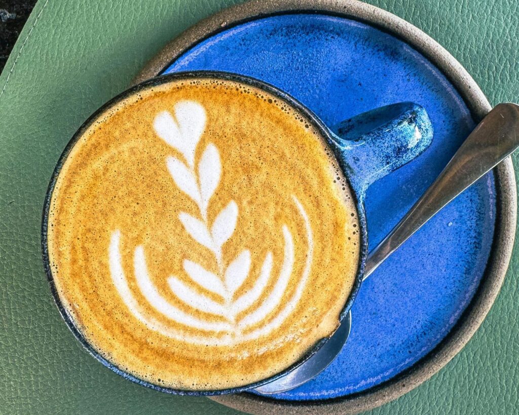 Top view of a cup of latte