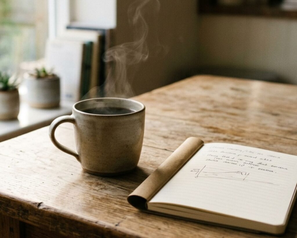 A minimalist setup with a steaming cup of coffee on a wooden table, beside a notebook and pen