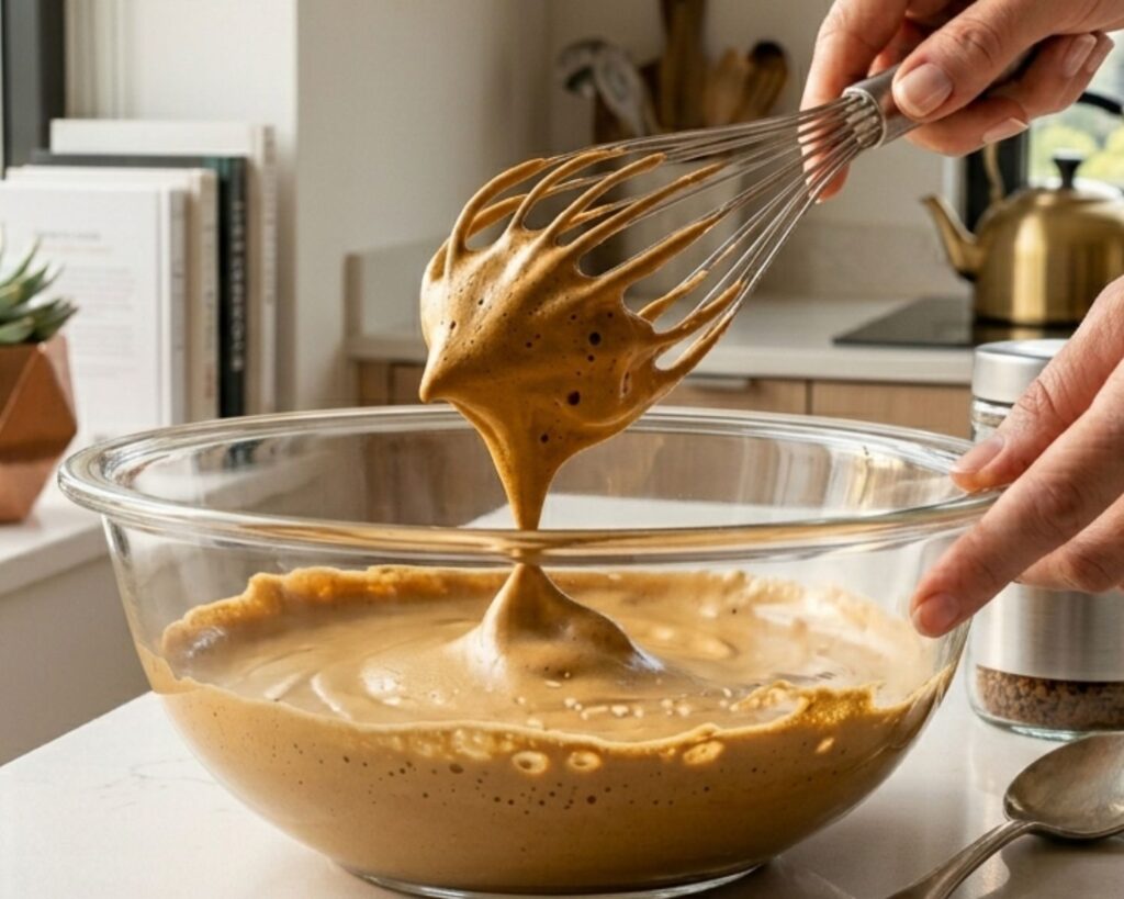 hands whipping instant coffee, sugar, and hot water in a bowl using a whisk, forming thick fluffy foam