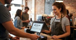Barista presents screen with tipping options.