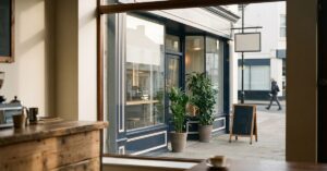 View of a street from inside a cafe.