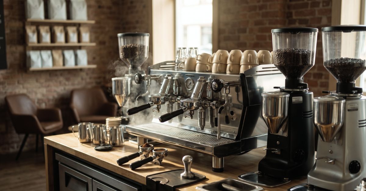 Espresso machine and grinders on a cafe counter.