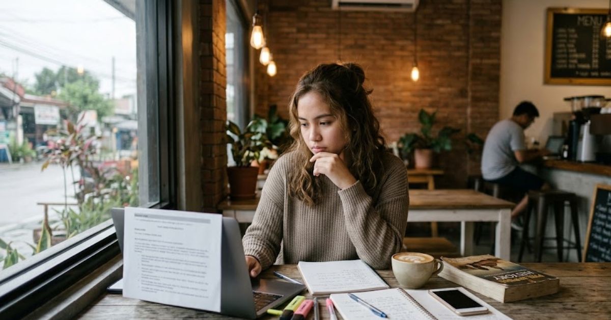 Woman working on a laptop near cafe window.