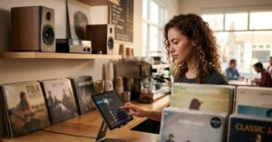 Barista selects coffee shop playlist on tablet.