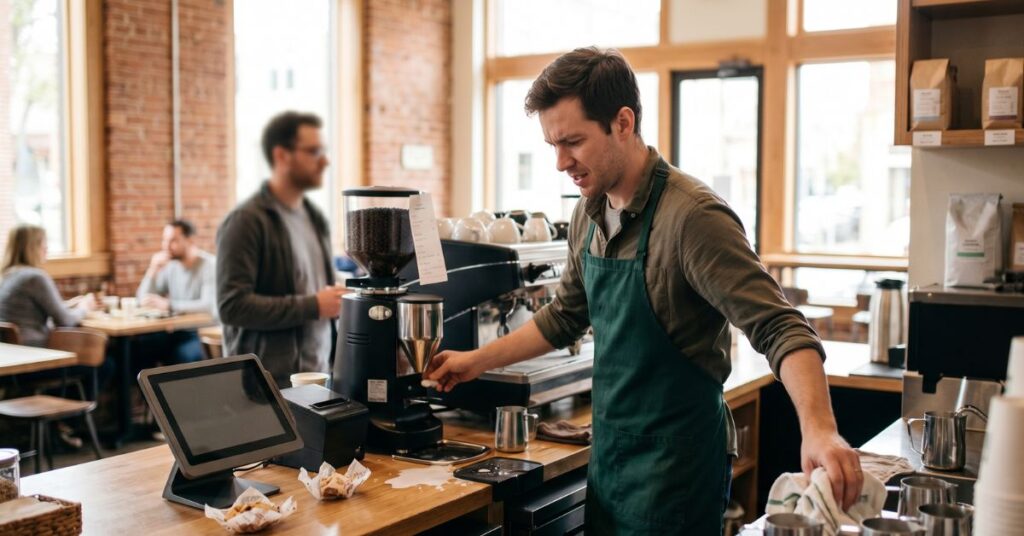 Stressed barista working behind a messy coffee counter.