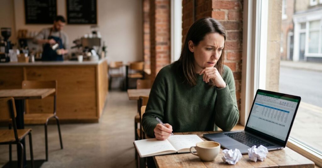 Stressed woman analyzing spreadsheets in a coffee shop.