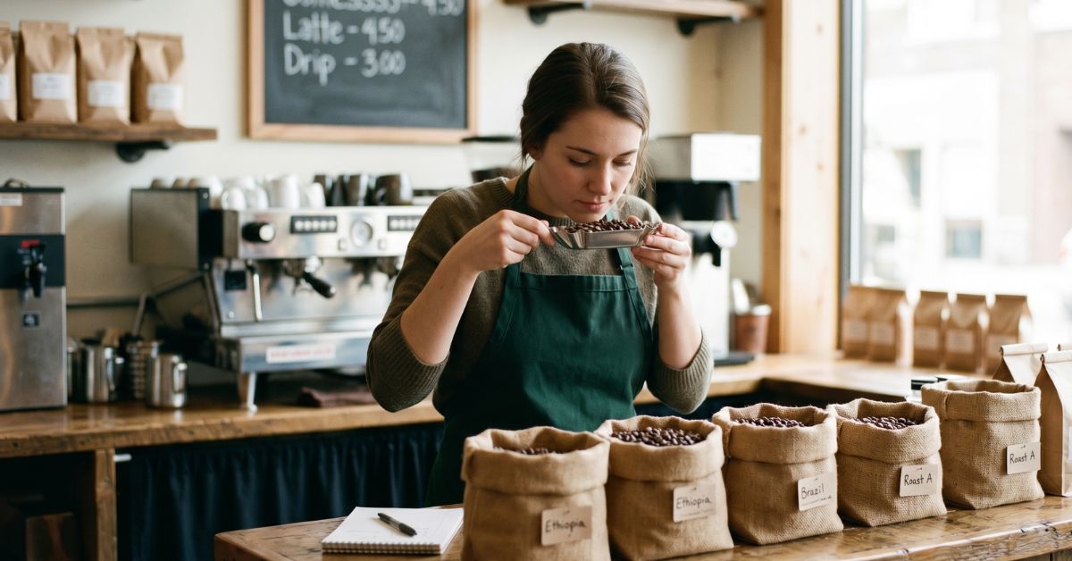 Barista smelling coffee beans in a cafe.