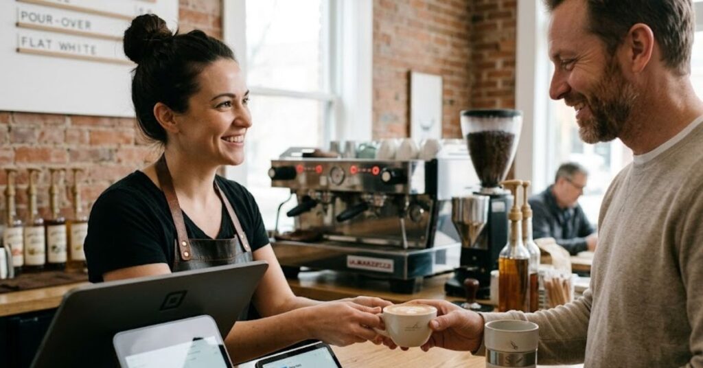 Smiling barista handing a coffee to a customer.