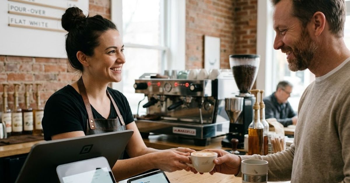 Smiling barista handing a coffee to a customer.