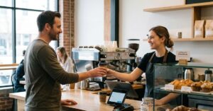 Smiling barista handing coffee to a customer.
