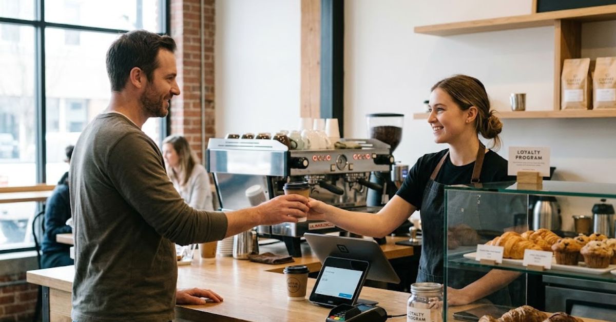 Smiling barista handing coffee to a customer.