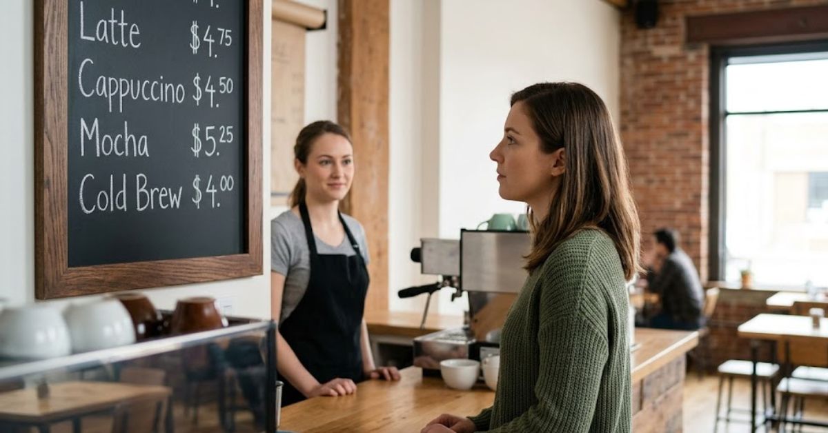 Customer looking at a coffee shop menu.