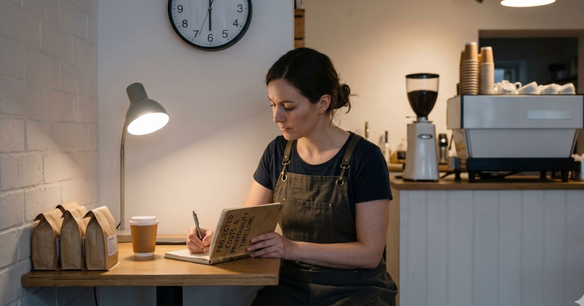 Coffee shop owner writing in a notebook.