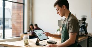 Barista checking sales data on a tablet.