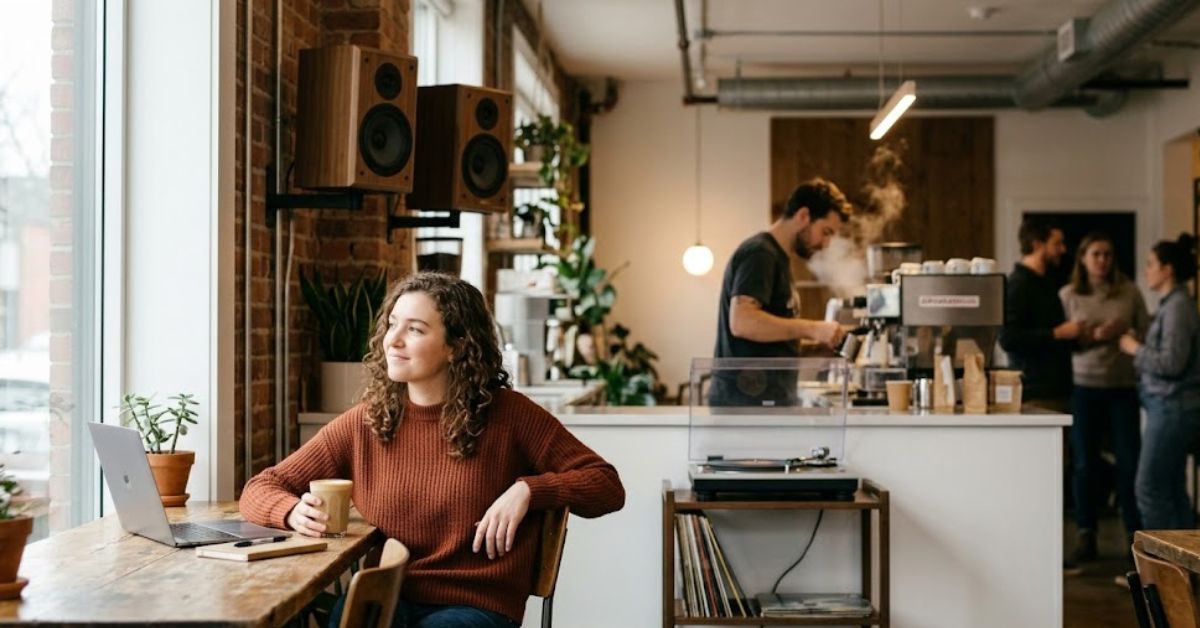 Woman relaxing to music in a coffee shop.
