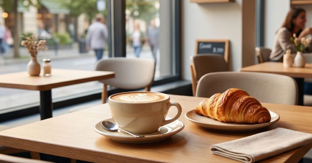 Latte and croissant on a cafe table.
