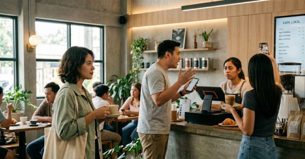 A man speaks with a barista at a counter.