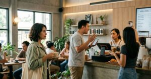 A man speaks with a barista at a counter.
