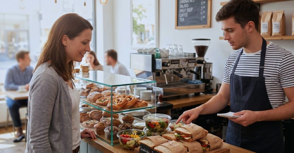 Customer ordering food at a coffee shop counter.