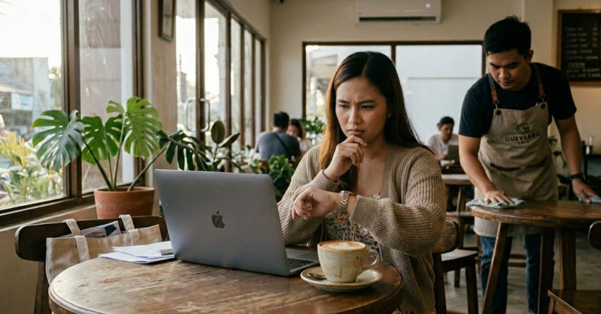 Woman checking her watch in a cafe.