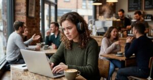 Frustrated woman working in a noisy coffee shop.