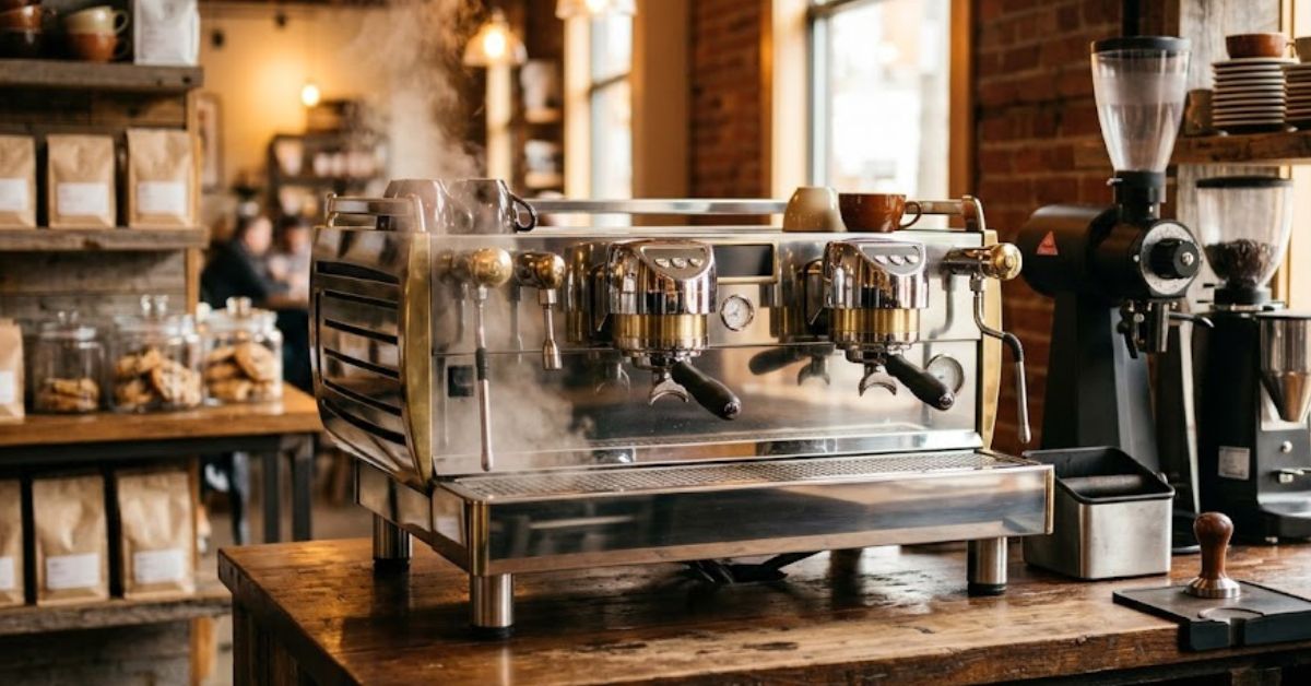 Steaming espresso machine on a coffee shop counter.