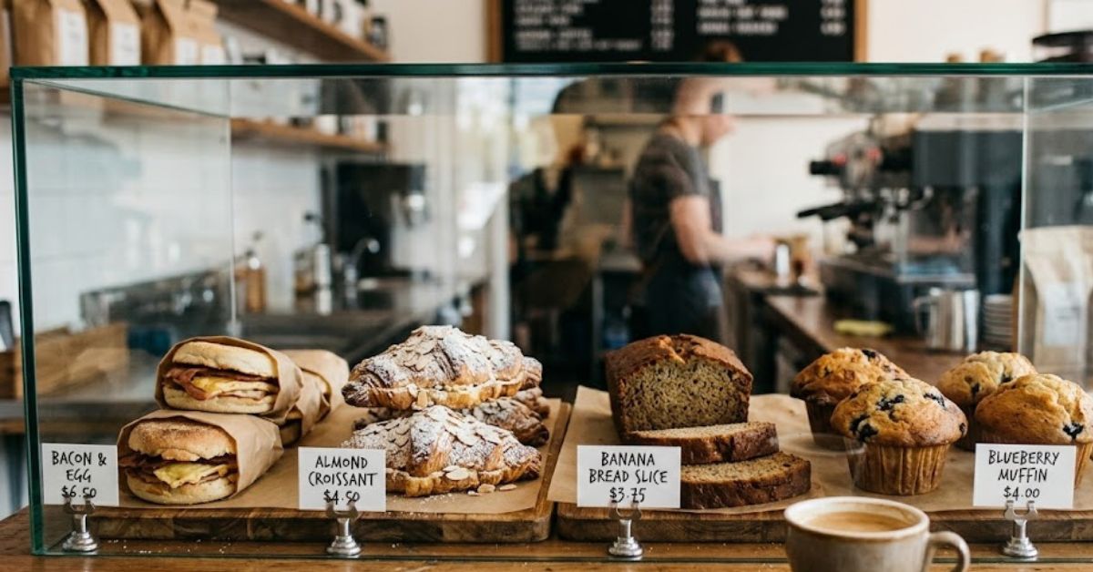 Pastry display case inside a coffee shop.
