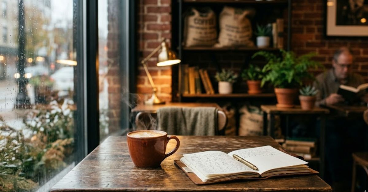 Steaming coffee and open notebook by rainy window.