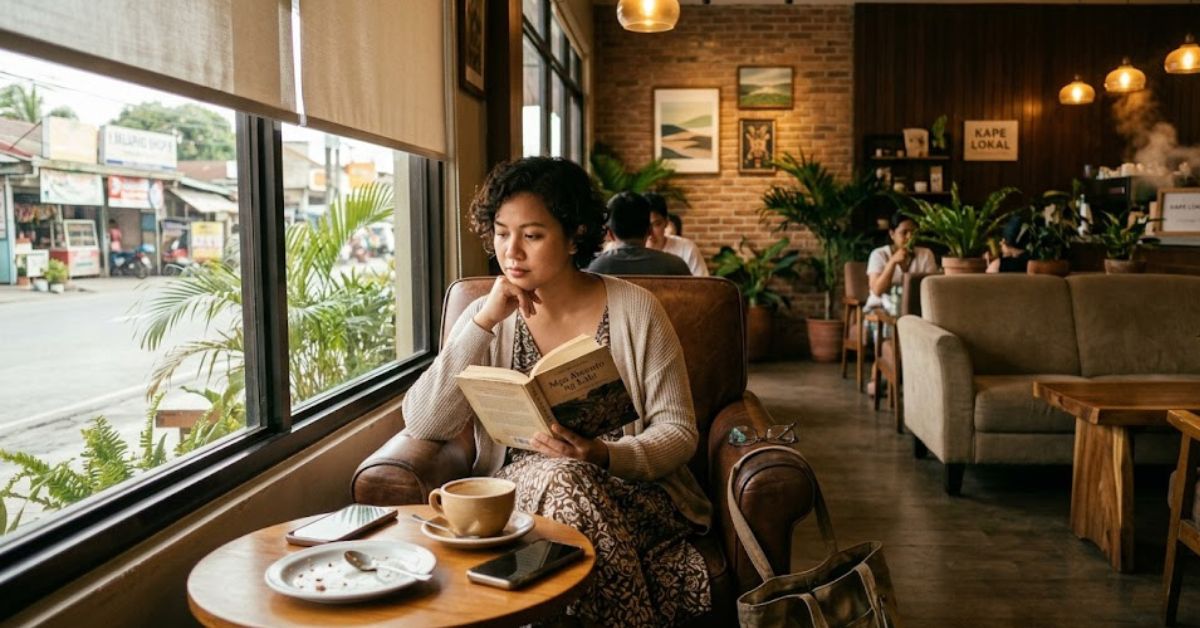 Woman reading a book in a cozy cafe.