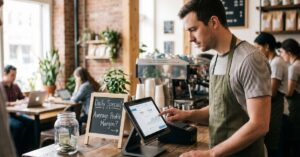 Barista using a tablet at coffee shop counter.
